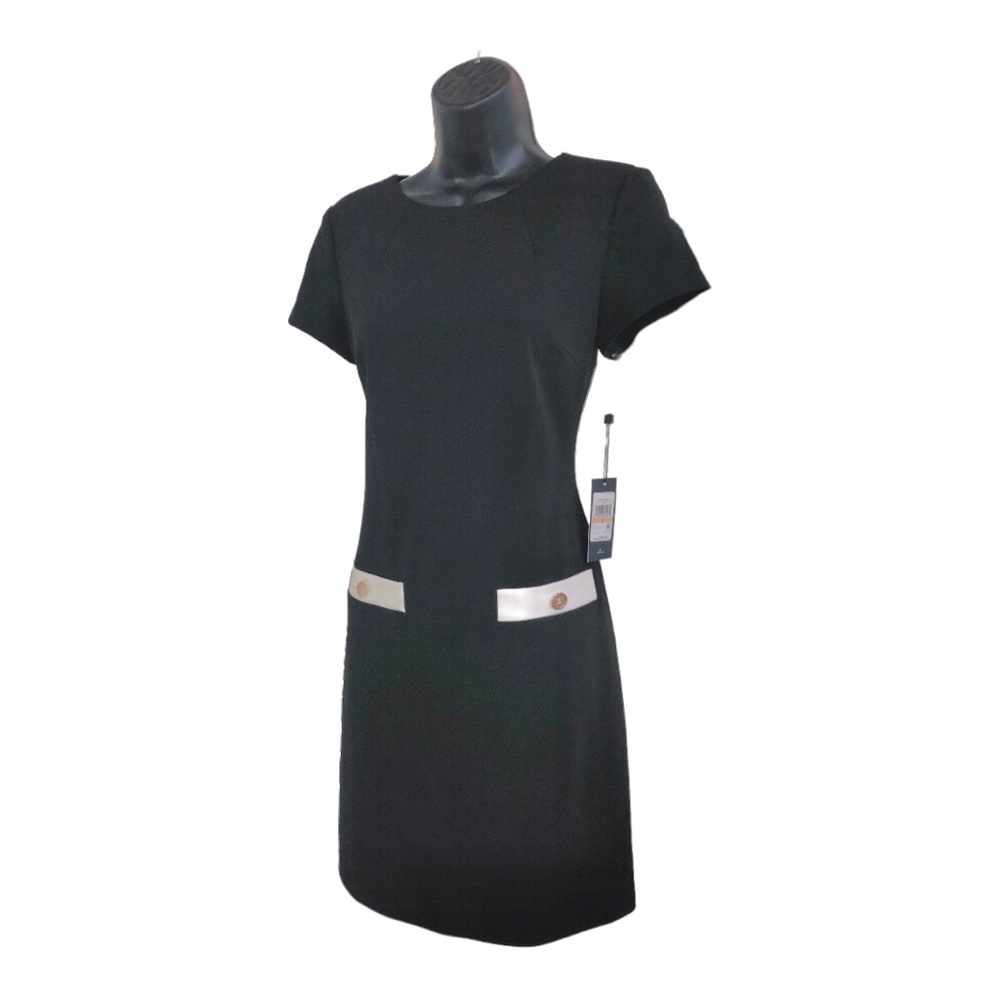 Tommy Hilfiger black pocketed monogrammed crepe mod look white trim dress size 2